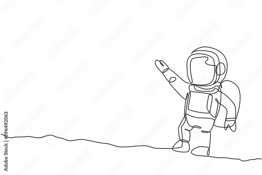Poster one continuous line drawing of young astronaut scientist exploring outer space in retro style. space