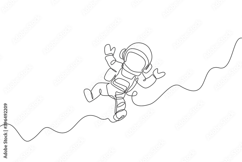 Poster one continuous line drawing of young astronaut scientist exploring outer space in retro style. space