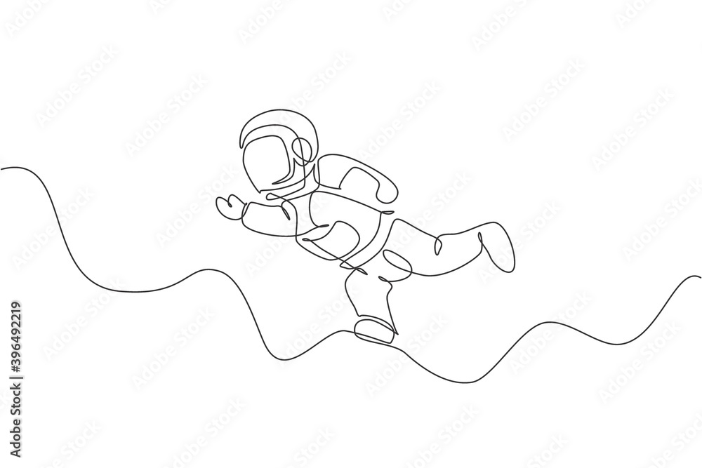 Poster one single line drawing of young astronaut in spacesuit flying at outer space vector graphic illustr