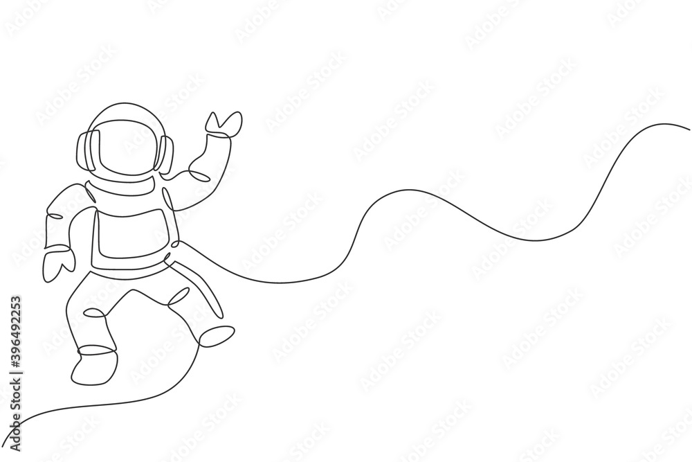 Poster one continuous line drawing of young astronaut scientist exploring outer space in retro style. space