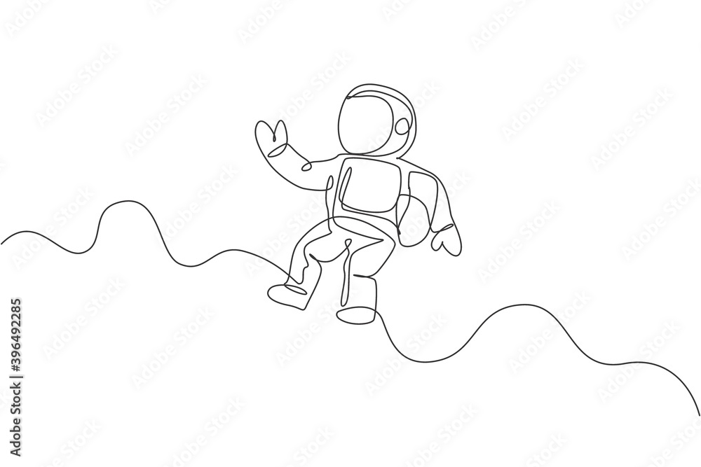 Aufkleber one continuous line drawing of young astronaut scientist exploring outer space in retro style. space