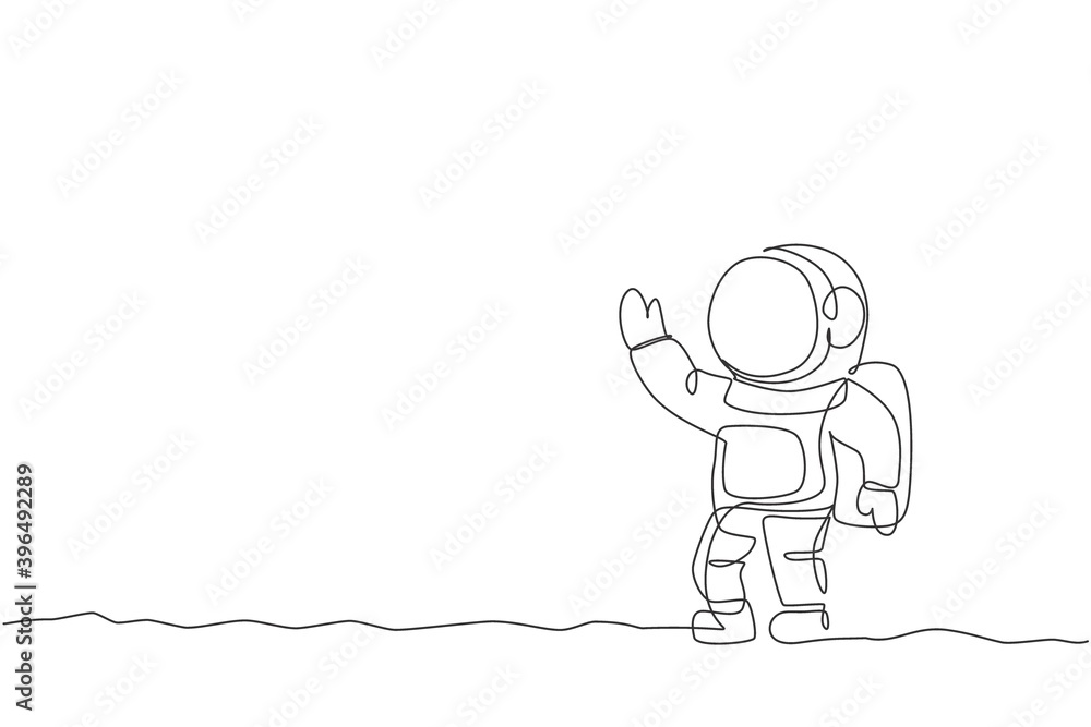 Poster one single line drawing of young astronaut in spacesuit flying at outer space vector graphic illustr