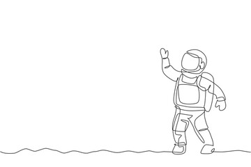 Single continuous line drawing of young cosmonaut scientist discovering spacewalk universe in vintage style. Astronaut cosmic traveler concept. Trendy one line draw graphic design vector illustration