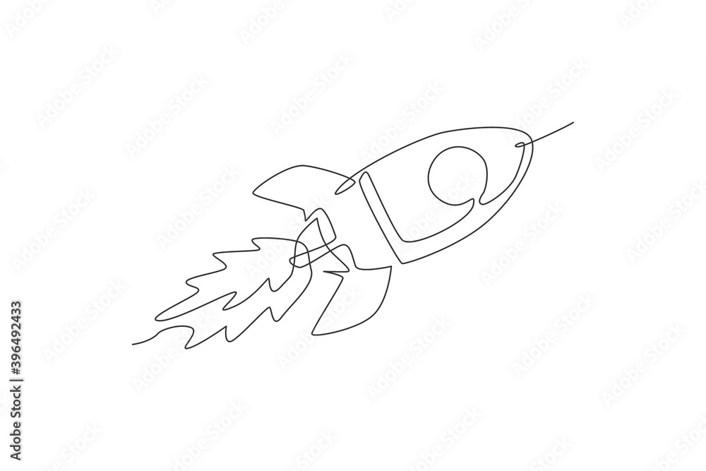 Poster one single line drawing of simple vintage rocket takes off into the outer space vector graphic illus