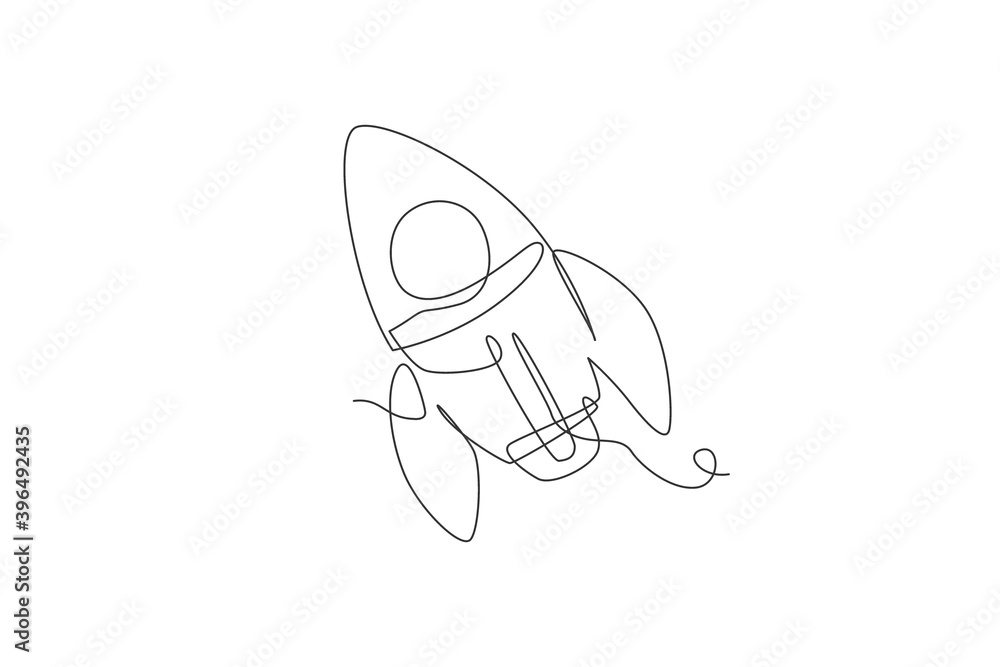 Poster one continuous line drawing of simple retro spacecraft flying up to the outer space nebula. rocket s