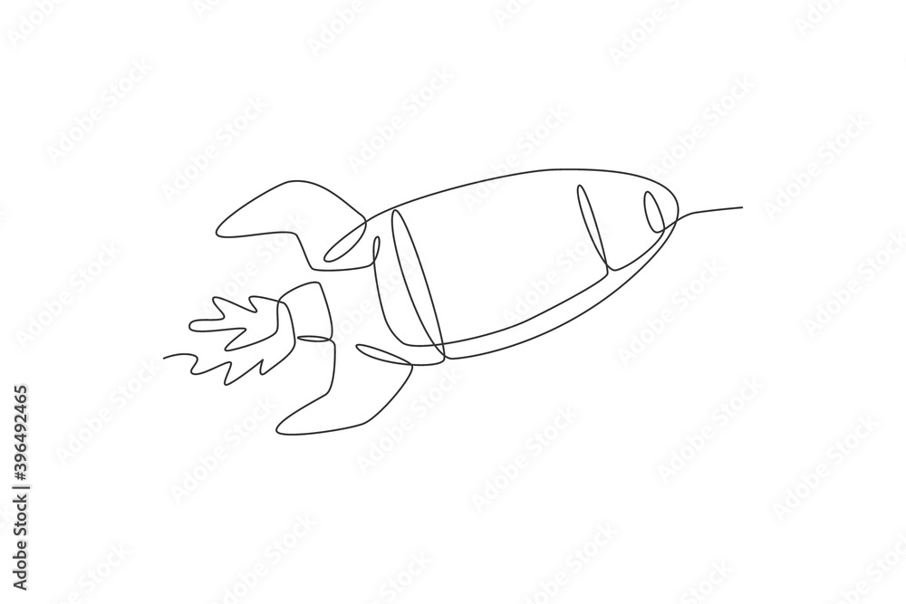 Poster one continuous line drawing of simple retro spacecraft flying up to the outer space nebula. rocket s