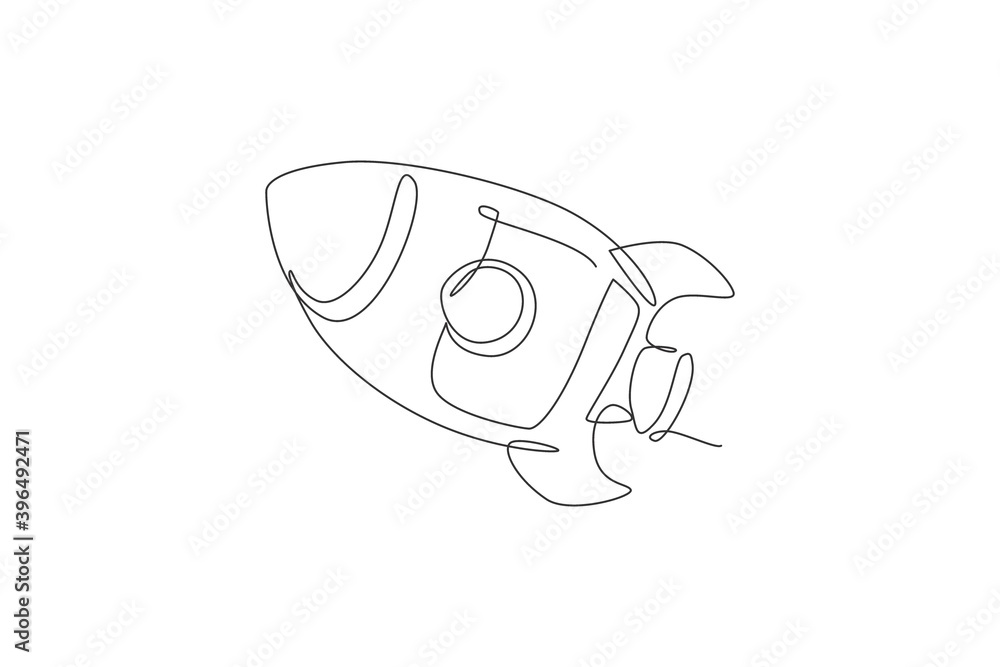 Poster one single line drawing of simple vintage rocket takes off into the outer space graphic vector illus