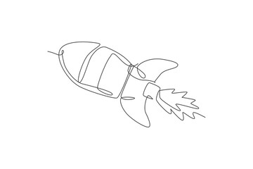 Single continuous line drawing rocket launch fly into the sky universe. Vintage spacecraft rocketship. Simple retro outer space vehicle concept. Trendy one line draw graphic design vector illustration