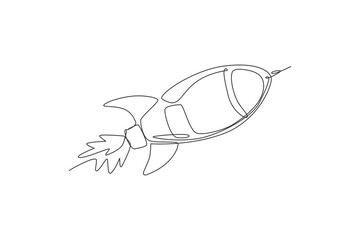One continuous line drawing of simple retro spacecraft flying up to the outer space nebula. Rocket space ship launch into universe concept. Dynamic single line draw design graphic vector illustration © Simple Line
