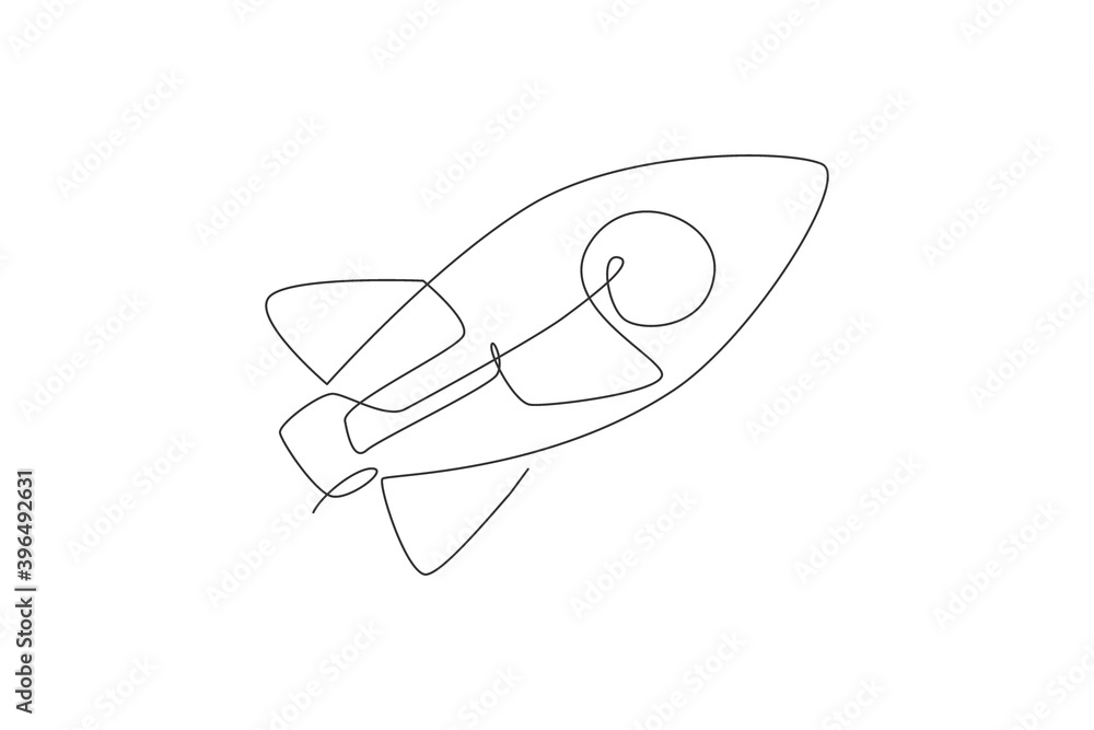 Poster one single line drawing of simple vintage rocket takes off into the outer space vector graphic illus