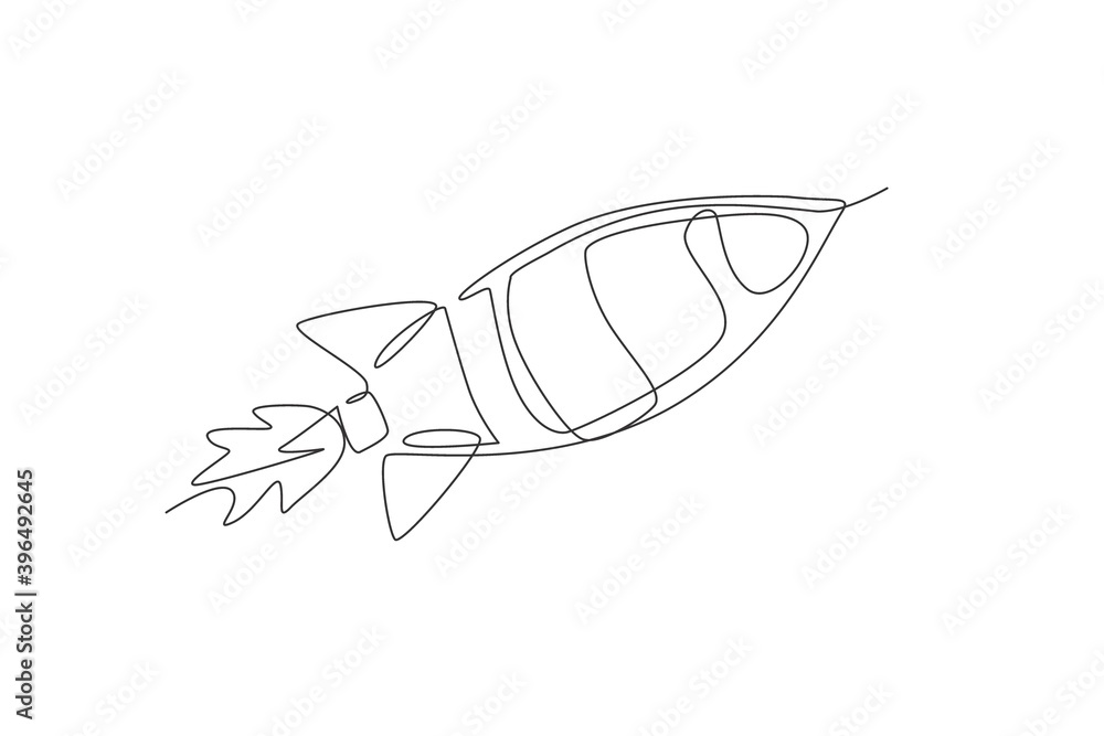 Poster one single line drawing of simple vintage rocket takes off into the outer space vector graphic illus
