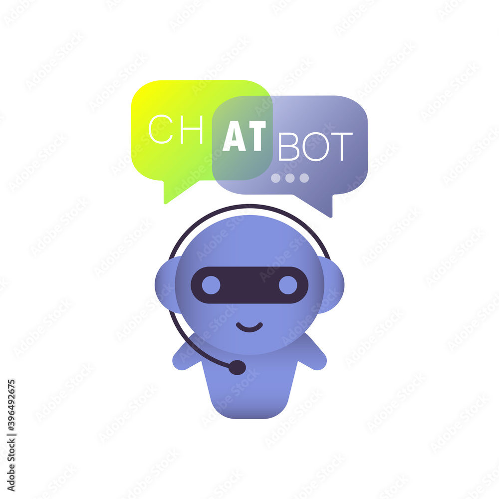 Poster Chatbot illustration. Online assistant bot landing page template. Technical support design for web page. Virtual help website. Vector on isolated white background. EPS 10