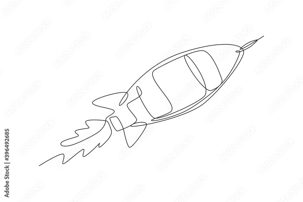 Poster one single line drawing of simple vintage rocket takes off into the outer space graphic vector illus