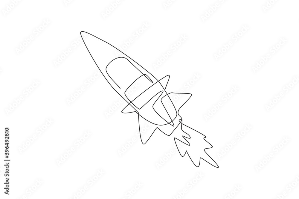 Poster one continuous line drawing of simple retro spacecraft flying up to the outer space nebula. rocket s