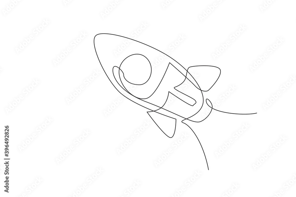 Poster single continuous line drawing rocket launch fly into the sky universe. vintage spacecraft rocketshi