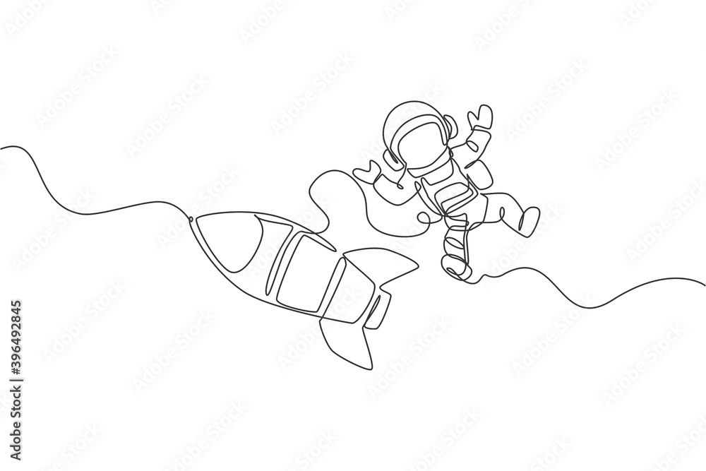 Poster single continuous line drawing of astronaut in spacesuit flying at outer space with rocket spacecraf