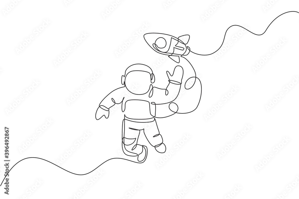 Poster one continuous line drawing of waving hand spaceman astronaut science discovering cosmos galactic wi