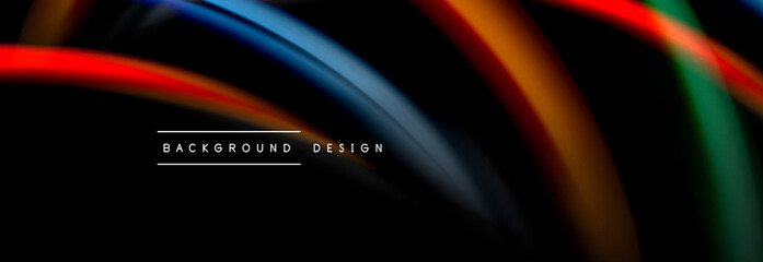 Dynamic motion abstract background. Color blurred stripes on black. Wave liquid lines poster. Vector illustration