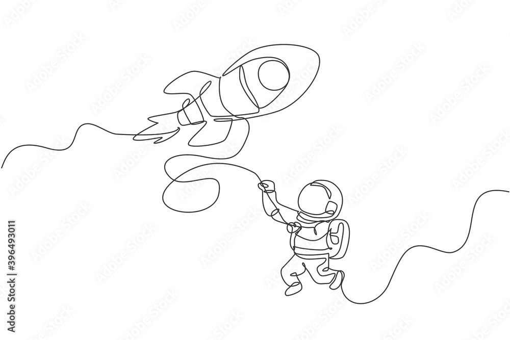 Poster one single line drawing astronaut in spacesuit floating and discovering deep space with rocket space