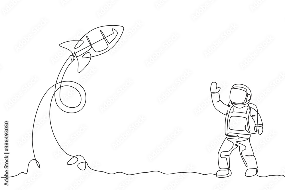 Poster one continuous line drawing of spaceman astronaut science at moon land waving hand to take off rocke