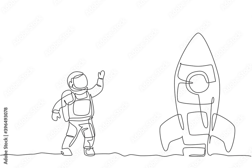 Poster single continuous line drawing of astronaut in spacesuit waving hand and saying good bye to the rock