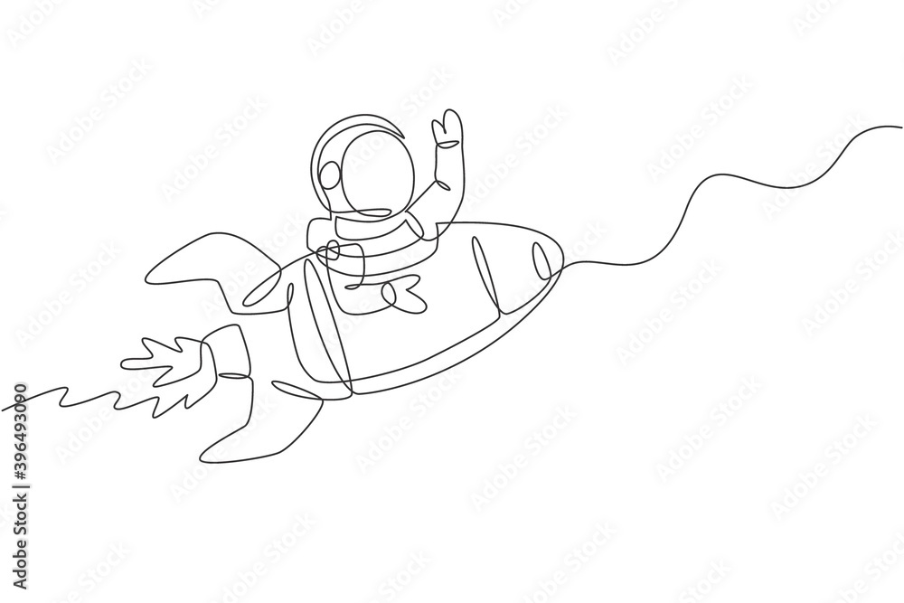 Poster single continuous line drawing of astronaut in spacesuit waving hand at outer space with rocket spac