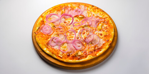 Pizza Carbonara with meat and onions isolated on white. Delicious pizza meal. Italian cuisine.