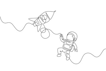 One single line drawing of astronaut in spacesuit floating and discovering deep space with rocket spaceship vector illustration. Exploring outer space concept. Modern continuous line draw design © Simple Line