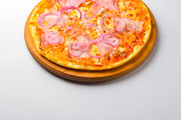 Pizza Carbonara with meat and onions isolated on white. Delicious pizza meal. Italian cuisine.