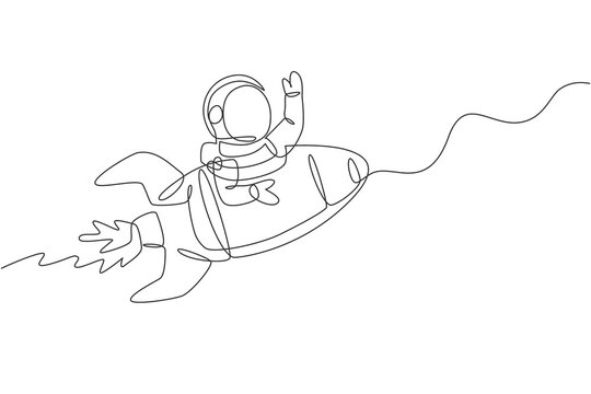 Single continuous line drawing of astronaut in spacesuit waving hand at outer space with rocket spacecraft. Science milky way astronomy concept. Trendy one line draw graphic design vector illustration