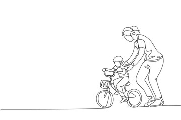 One continuous line drawing of young mother help her daughter learning to ride a bicycle at countryside together. Parenthood lesson concept. Dynamic single line draw graphic design vector illustration