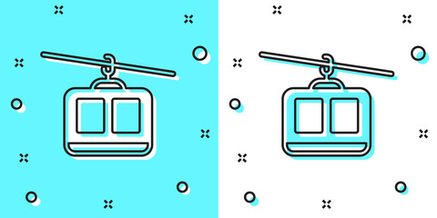 Black line Cable car icon isolated on green and white background. Funicular sign. Random dynamic shapes. Vector.