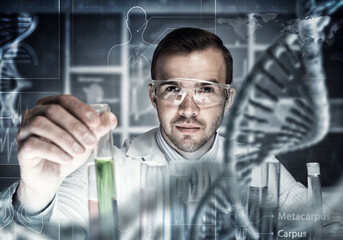 Young scientist mixing reagents in glass flask in clinical laboratory