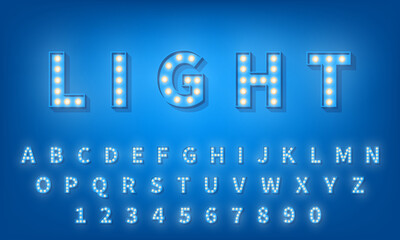 Light bulb font. Retro style 3d typography typeface alphabet