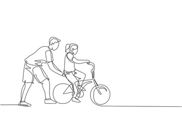 Single continuous line drawing of young kids girl learning ride bicycle with father at outdoor park. Parenthood lesson. Family time concept. Trendy one line draw graphic design vector illustration