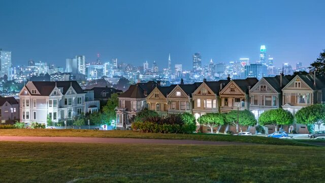 San Francisco Painted Ladies and Downtown Skyline Tilt Up Night Time Lapse California USA