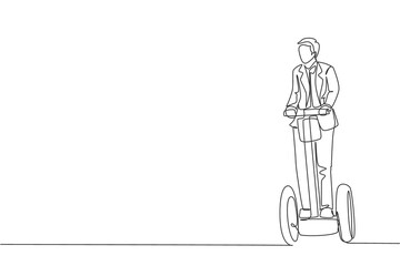 Single continuous line drawing young happy businessman riding kick scooter to the company. Eco friendly transportation. Urban lifestyle concept. Trendy one line draw graphic design vector illustration