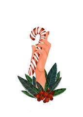 Illustration with female hand holding lollipop. Leaves and berries at hand. Striped Christmas candy cane. New year's card or poster.