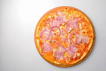 Pizza Carbonara with meat and onions isolated on white. Delicious pizza meal. Italian cuisine.