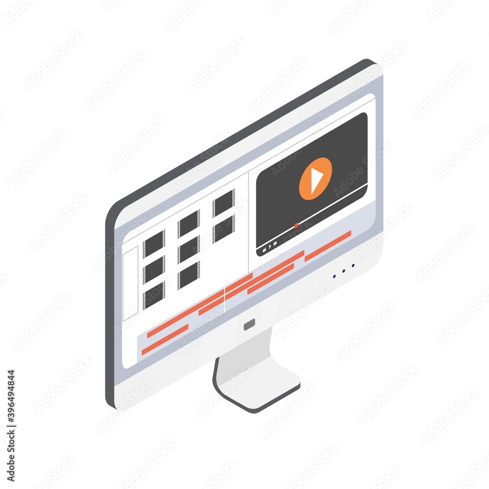 Poster Computer monitor with video editor on the screen. Concept of multimedia production, filmmaking process and motion content creation. Flat vector isometric illustration isolated on white