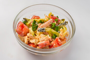 Salad food - mix vegetable salad served in a bowl over white background. Healthy eating, delicious snack or dinner.