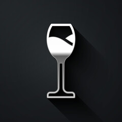 Silver Wine glass icon isolated on black background. Wineglass icon. Goblet symbol. Glassware sign. Happy Easter. Long shadow style. Vector.