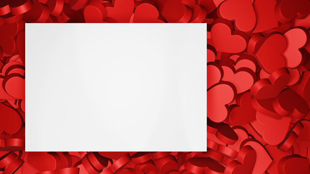 Valentine's love background with white hearts and copy space, invitation. 3D render illustration.