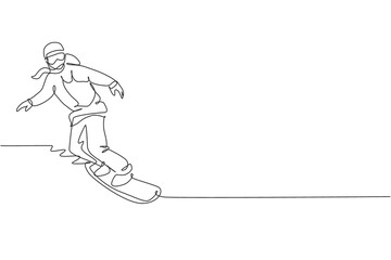 One continuous line drawing young sporty woman snowboarder riding snowboard in alps snowy powder mountain. Winter lifestyle sport concept. Dynamic single line draw design graphic vector illustration