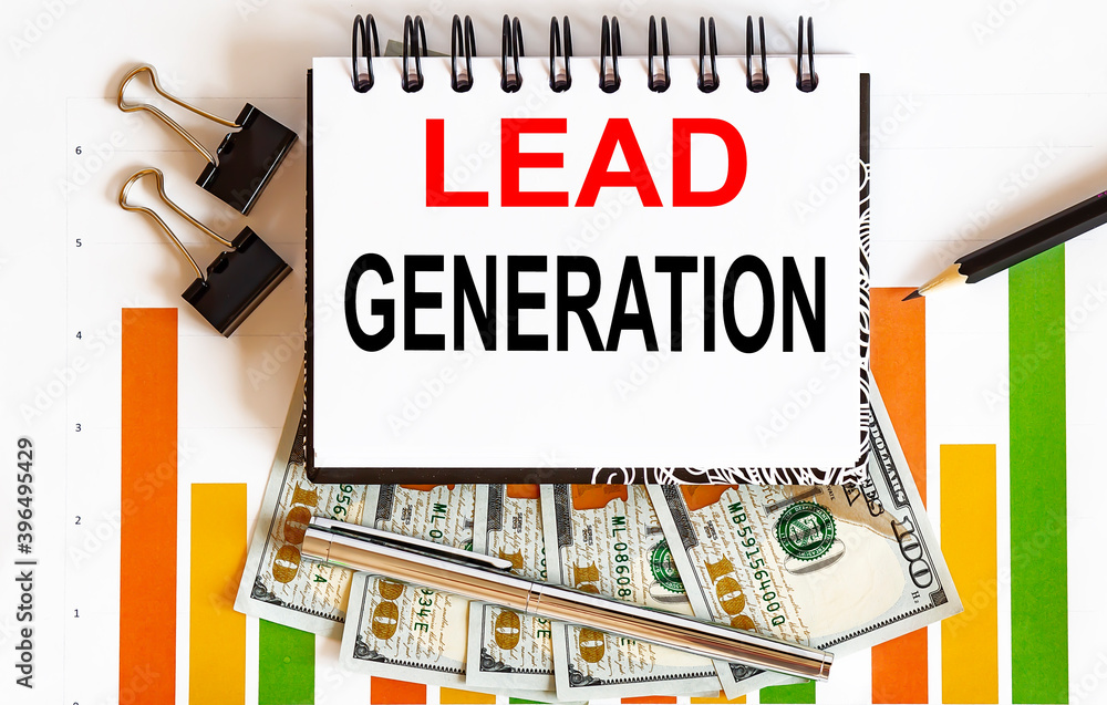 Poster notebook with tools and notes about lead generation ,business concept