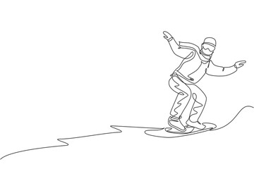 One single line drawing young energetic snowboarder man ride fast snowboard at snowy mountain graphic vector illustration. Tourist vacation lifestyle sport concept. Modern continuous line draw design