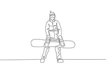 One continuous line drawing of young sporty man snowboarder holding snowboard board in alps snowy powder mountain. Winter lifestyle sport concept. Dynamic single line draw design vector illustration