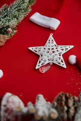 Beautiful festive Christmas background. New Year holidays. Christmas holidays. Christmas decorations on a red background
