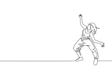 Fototapeta na wymiar One single line drawing of young modern street dancer woman performing hip hop dance on the stage graphic vector illustration. Urban generation lifestyle concept. Continuous line draw design