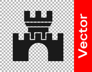 Black Castle icon isolated on transparent background. Medieval fortress with a tower. Protection from enemies. Reliability and defense of the city. Vector.